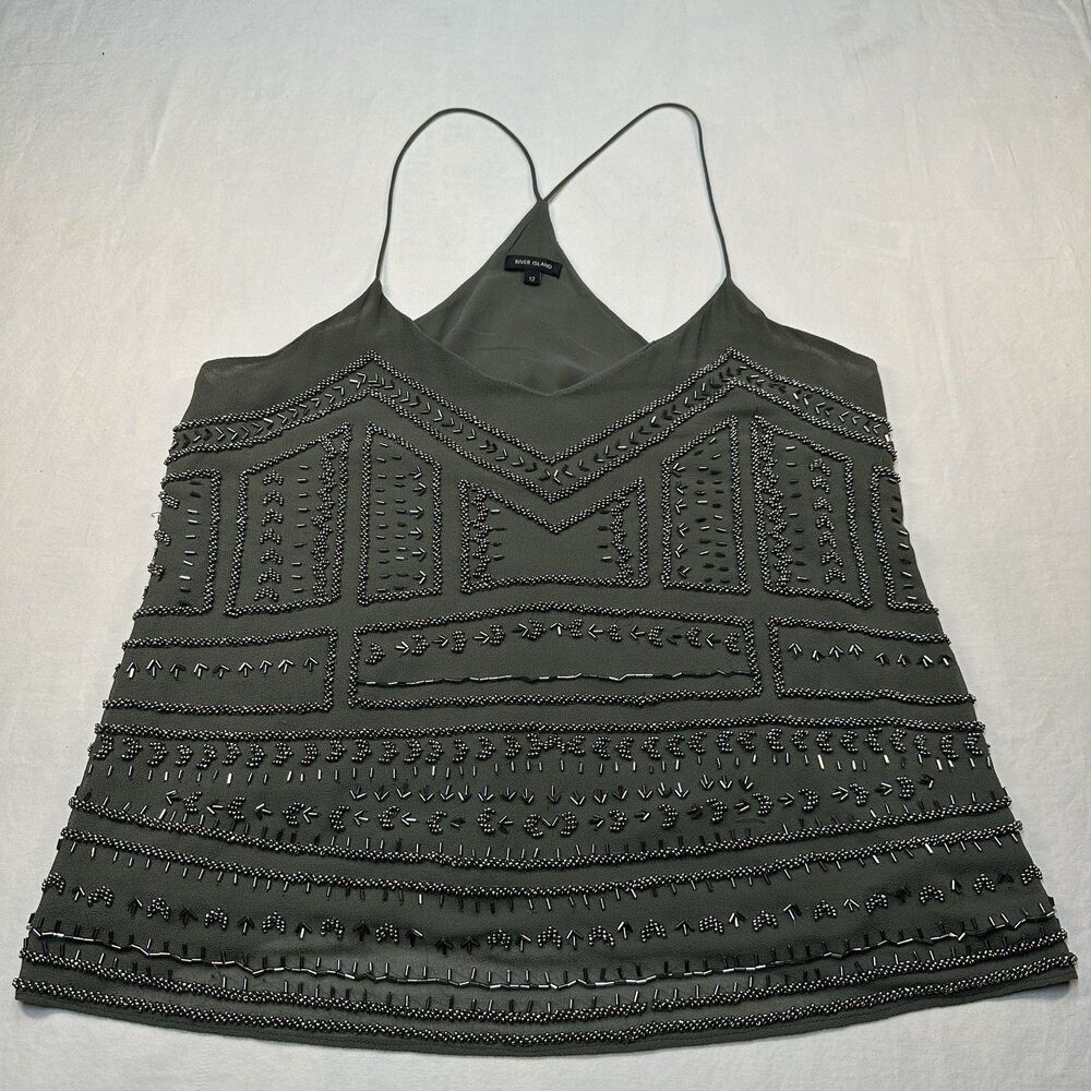 Beaded Cami Top Size 12 (UK) Khaki Green Embellished Festival Tank River Island